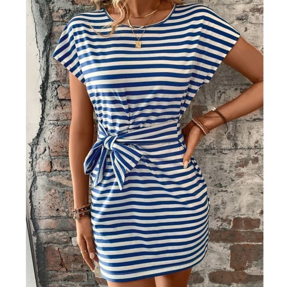 Nautical Womens Striped Batwing Sleeve Knot Front Dress - Picture 4 of 6